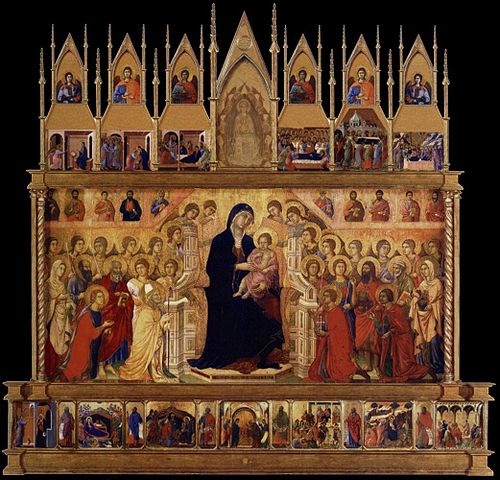A recreation of Duccio di Bouninsegna’s Maesta altarpiece in Siena Cathedral. (The altar was dismembered and pieces of it dispersed. Photo from Wikipedia Commons.