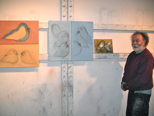 Baz in his studio, January 2014. Since this was taken, the painting on the left has been changed....