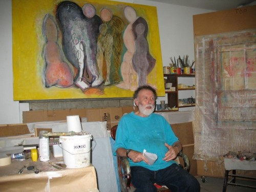 Baz in his studio. Just behind is one of his "Looking for the Green Man" paintings, 2012.