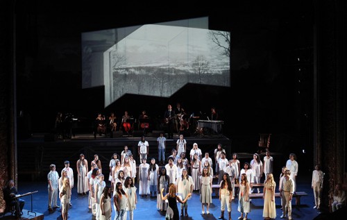 On the BAM stage: film projections and the Photo for Brooklyn Youth Chorusby Julieta Cervantes.